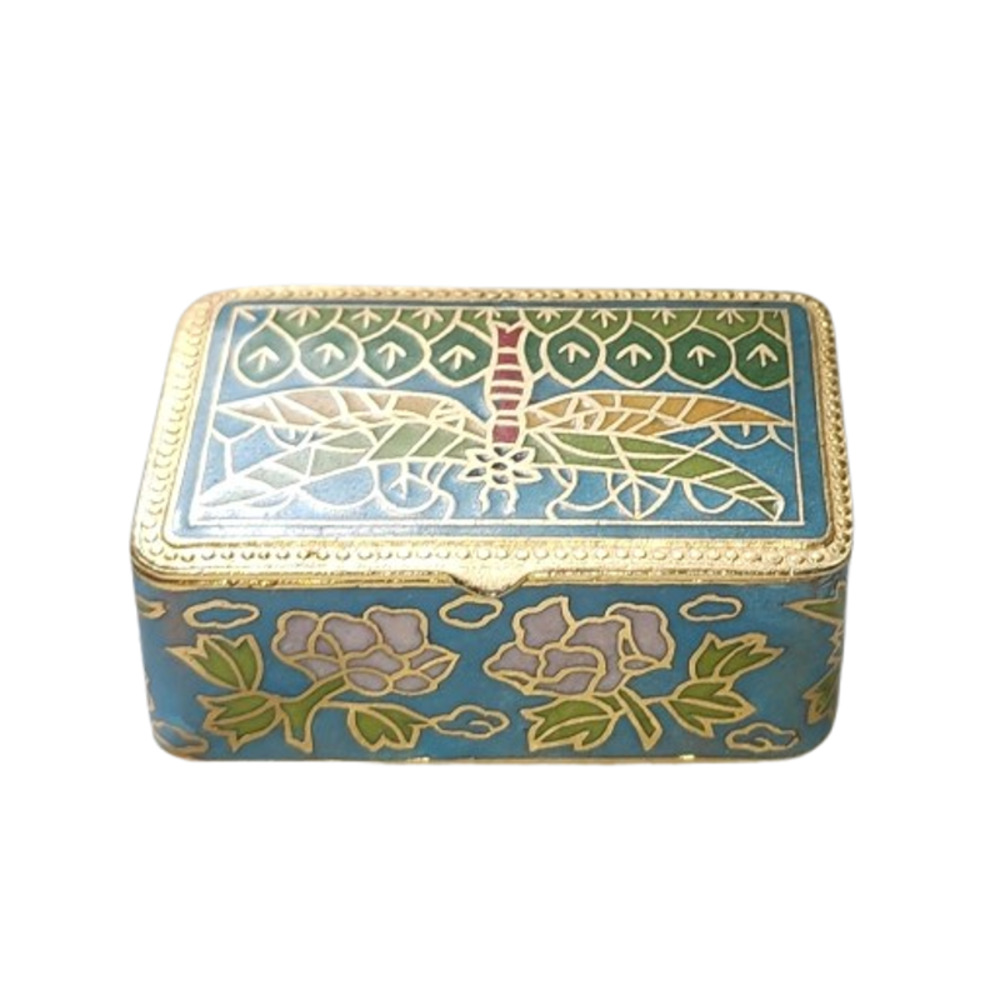 Vtg Exquisite Chinese Cloisonne Porcelain Enamel Dragonfly Trinket Box